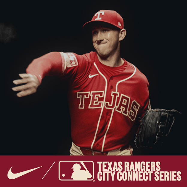 Professional baseball player wearing a red Texas Rangers City Connect jersey and cap, holding a mitt in dramatic studio lighting.