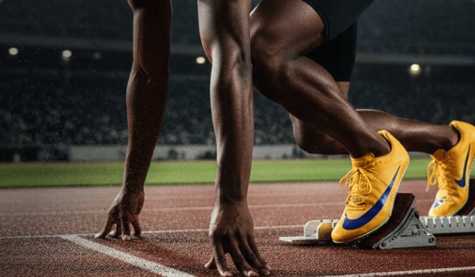 Track athlete in starting position on a running track wearing bright yellow and blue Nike Zoom Rival track spikes, hands on the ground near starting blocks.