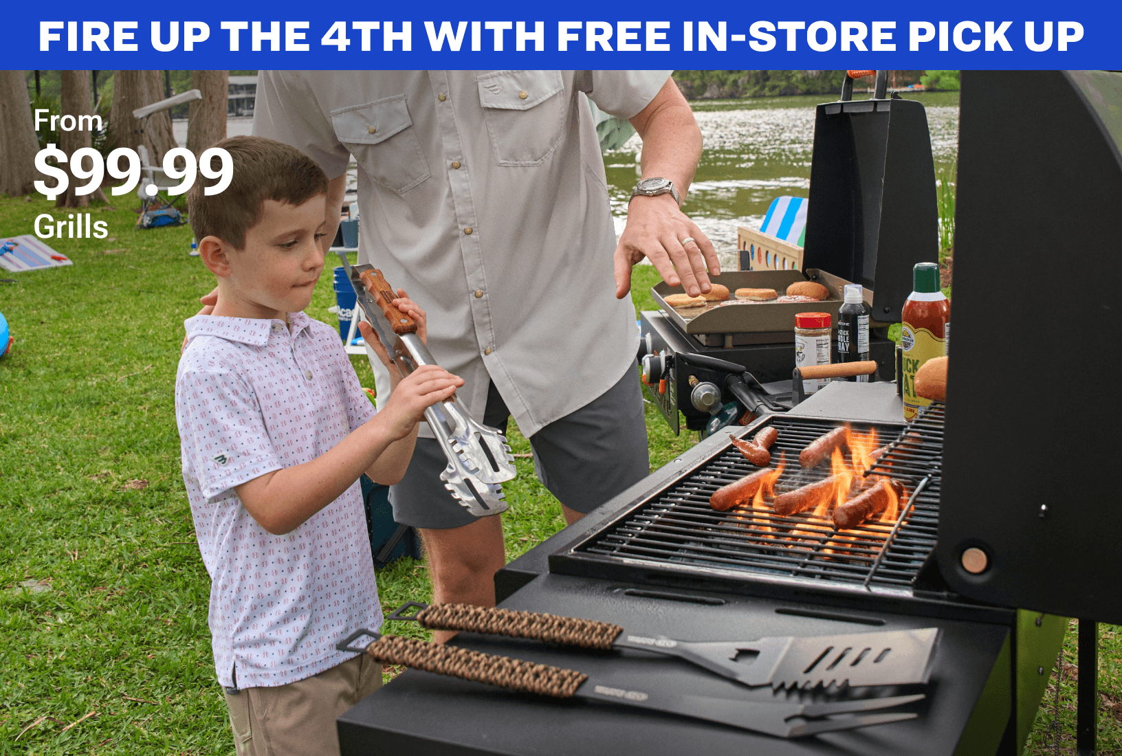 Outdoor grill with food cooking while two people stand nearby in backyard setting.