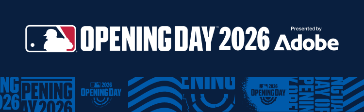 Major League Baseball Opening Day 2026 banner presented by Adobe, with blue background and stylized wave graphics.