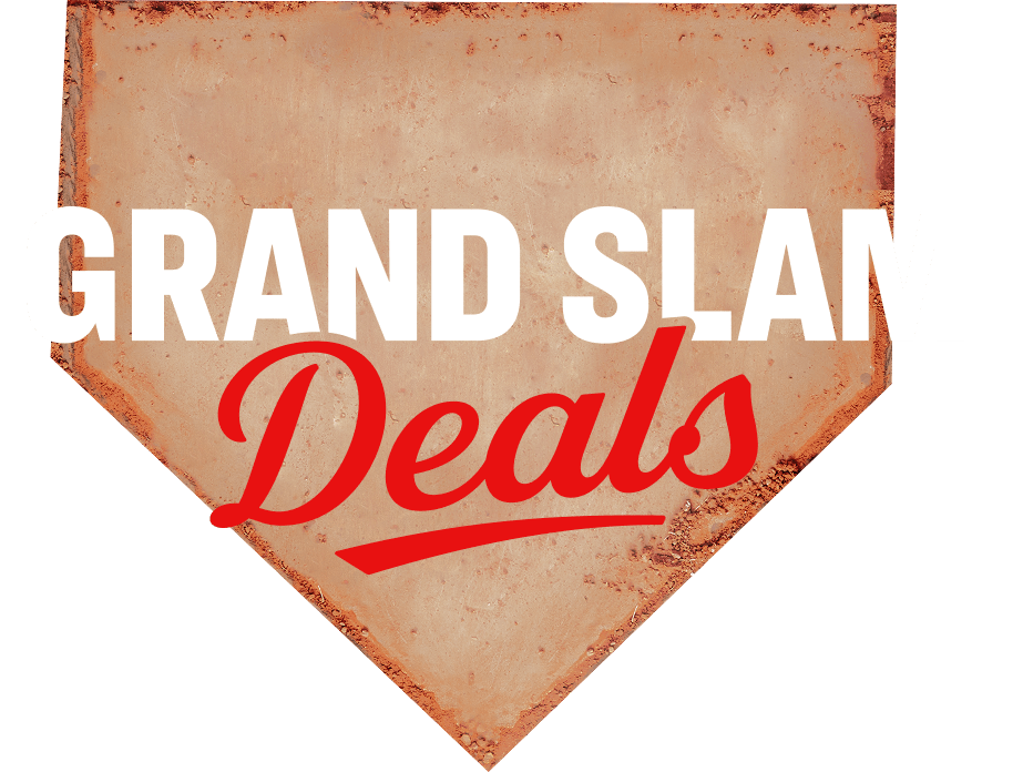 Baseball-style home plate graphic with white text reading 'Grand Slam' and red script text reading 'Deals'.