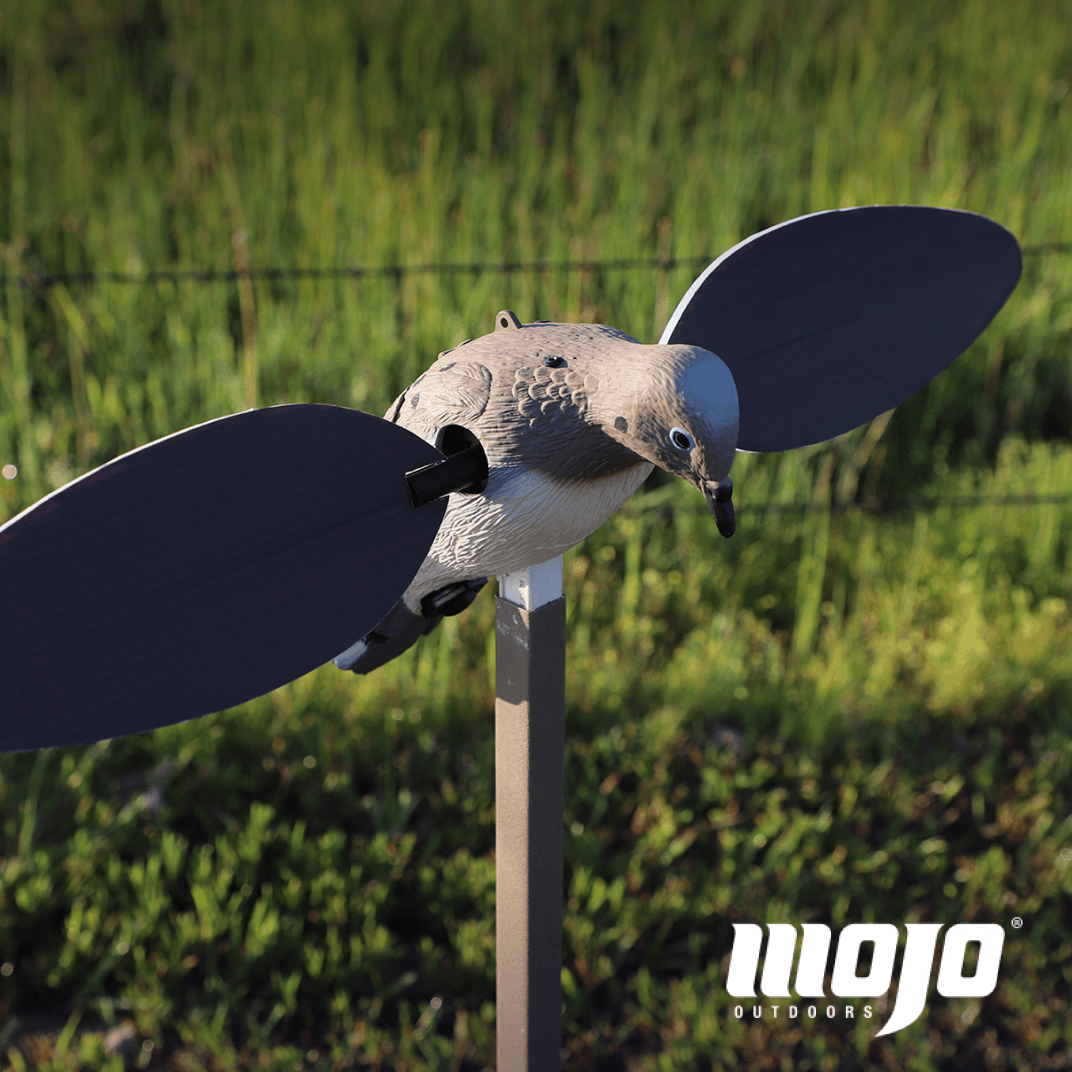 Motorized dove decoy with spinning wings mounted on a stake in a grassy field.