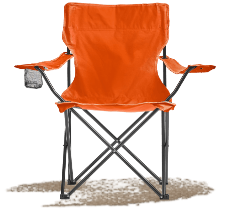 Orange folding camping chair with armrests and attached cup holder displayed on a light gray background.
