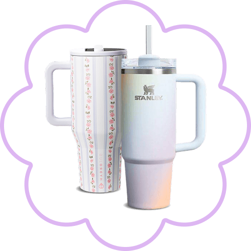 Insulated drinkware  including a HydroJug handled travel mug stainless steel tumbler, and Stanley reusable cup on a white background with a purple flower outline.