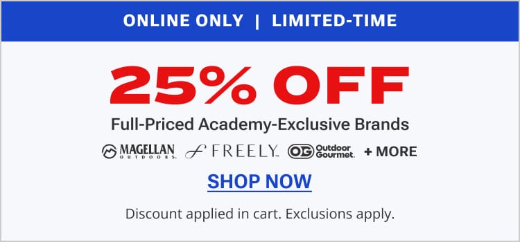 Promotional graphic with text 'Online only limited-time 25% off full-priced Academy-exclusive brands