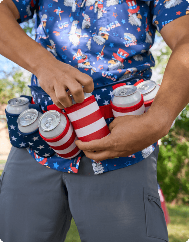 Igloo Americana flag–pattern beerdolier cooler holding multiple aluminum cans.