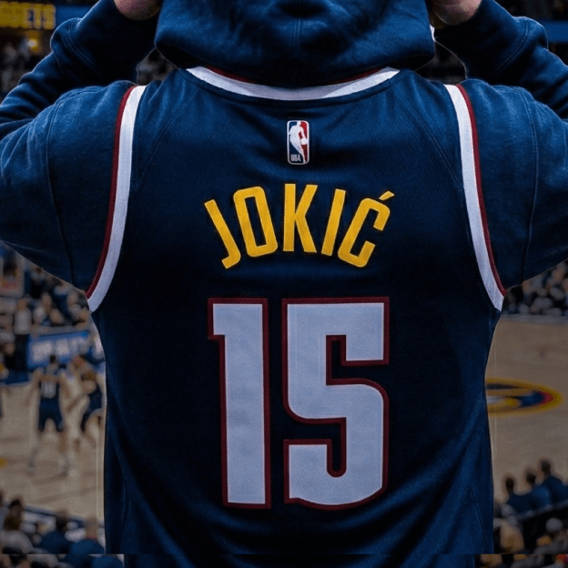 Back view of a dark NBA basketball jersey showing the name JOKIĆ and the number 15 inside a basketball arena.