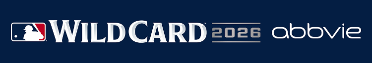 Navy banner featuring the MLB logo, WILD CARD 2026, and AbbVie logo in white and silver text.