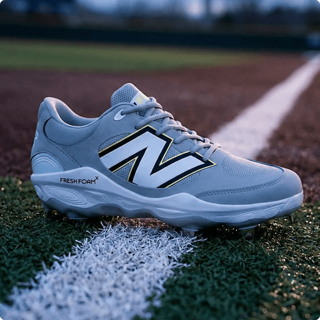 Light blue New Balance 3000 v7 molded baseball cleats “Fresh Foam” sole on a turf field with a white painted line.
