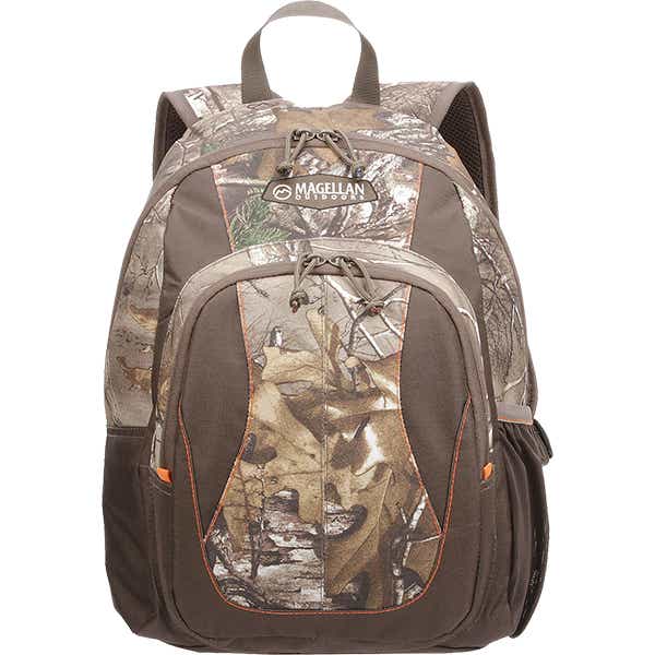 The Magellan Outdoors Camo Day Pack on display