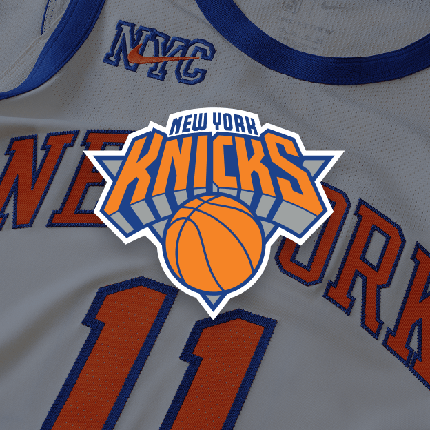 New York Knicks logo overlaid on top of a closeup of Spurs NBA jersey.
