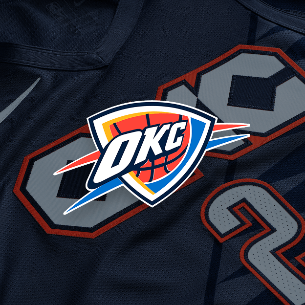Oklahoma City Thunder logo overlaid on top of a closeup of Spurs NBA jersey.