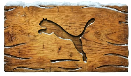Puma logo carved into a weathered wooden surface topped with snow.