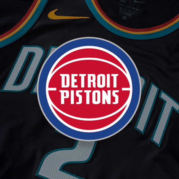 Detroit Pistons logo overlaid on top of a closeup of Spurs NBA jersey.