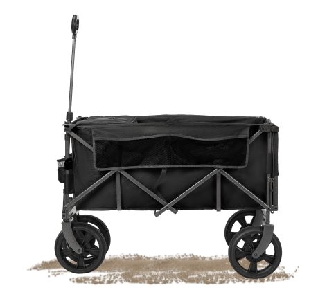 Black collapsible utility wagon with four wheels, pull handle, and fabric cargo compartment displayed on a light gray background.