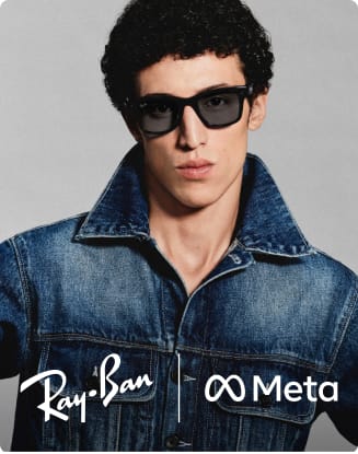 Person wearing dark META x Ray-Ban AI glasses and a blue denim jacket against a light background. Ray-Ban and Meta logos appear at the bottom of the image.