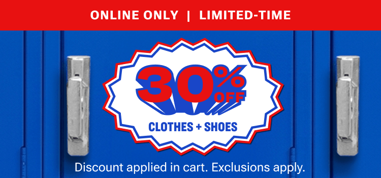 Online-only promotion offering 30% off clothing and shoes, with discount applied in cart.