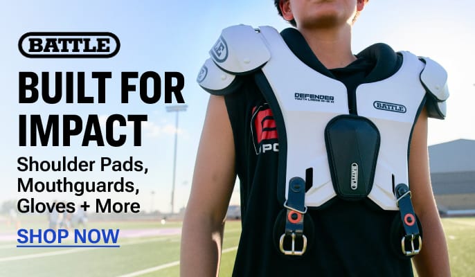Athlete wearing Battle football shoulder pads promoting football protective gear and sports equipment.