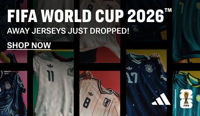 Promotional image featuring 2026 FIFA World Cup adidas away jerseys from Mexico, Japan, Colombia, Argentina, Germany, and Italy and the text '2026 FIFA WORLD CUP AWAY KITS JUST DROPPED'