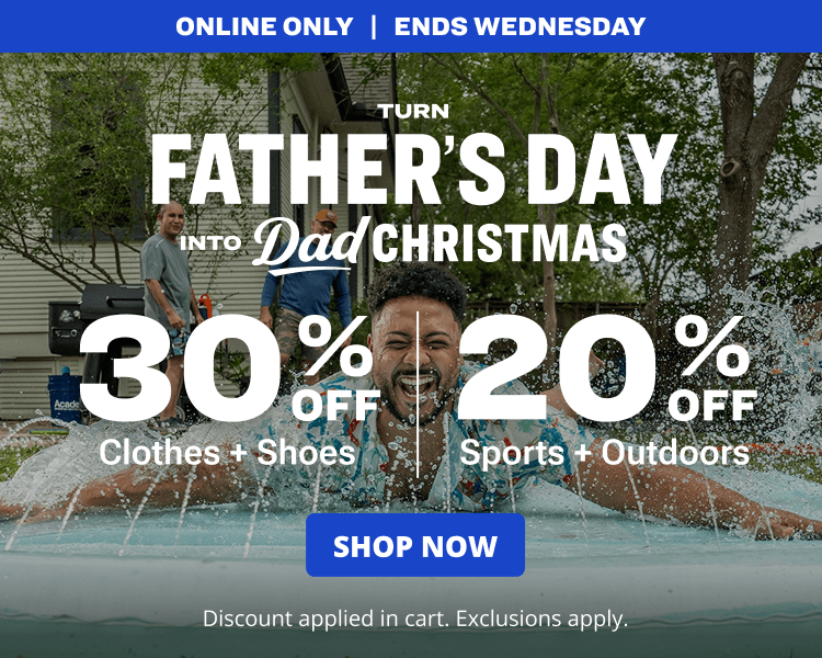Backyard pool scene with water splashing and overlay text “Turn Father’s Day into Dad Christmas” with offers “30% off clothes and shoes” and “20% off sports and outdoors” and “Shop now” button.