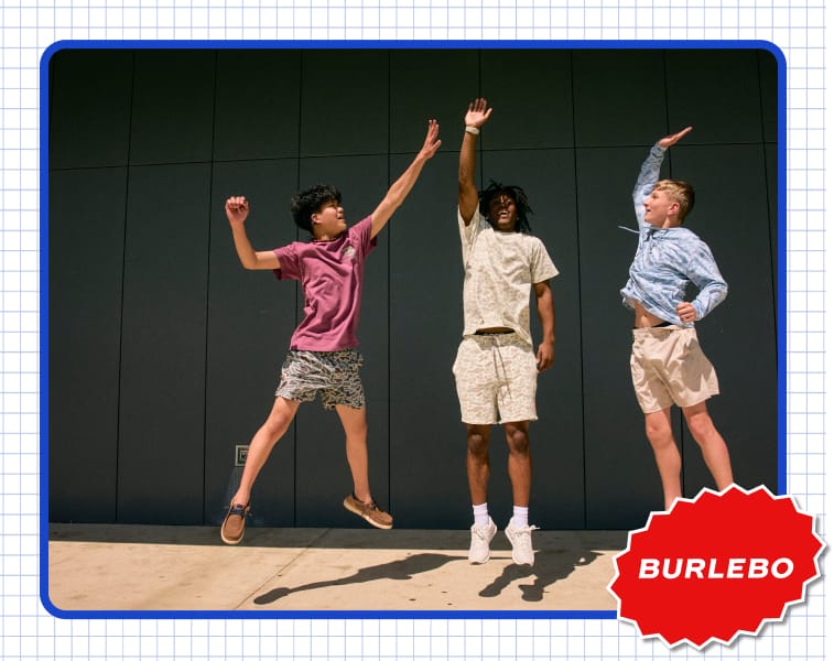 Kids wearing BURLEBO washed camo apparel and casual outdoor clothing.