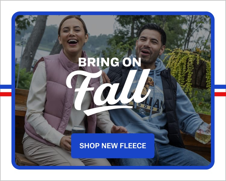 Two people outdoors beneath overlaid “Bring On Fall” text with a Shop New Fleece button.