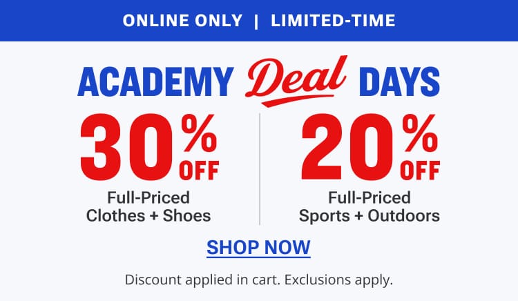 Academy Deal Days online-only promotion featuring 30% off clothes and shoes and 20% off sports and outdoors. Includes 