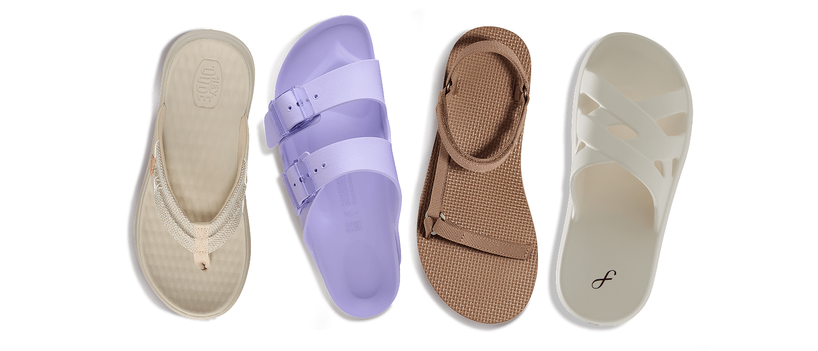 Flat arrangement of four pairs of sandals and water shoes in pastel colors on a sandy background.