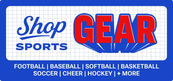 Sports gear categories including football, baseball, softball, soccer, basketball, cheer and hockey.