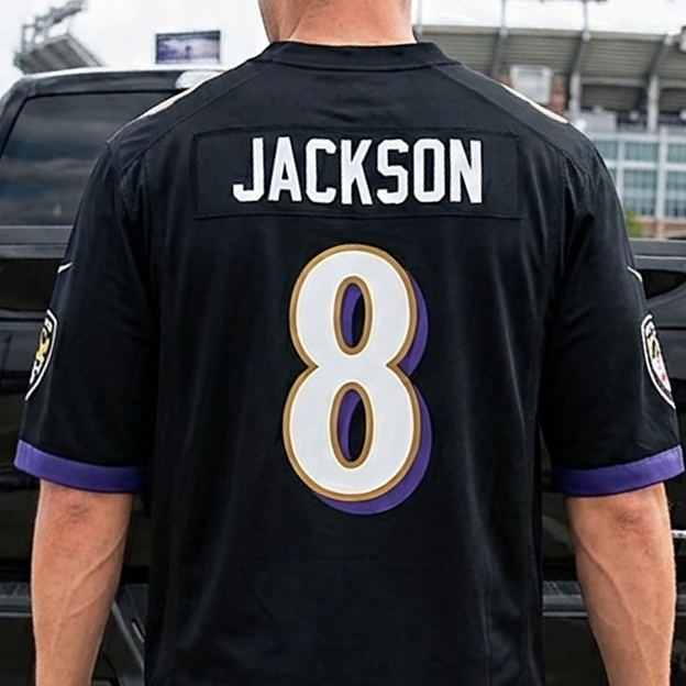 Back view of a black Baltimore Ravens jersey with the name 'Jackson' and number 8.