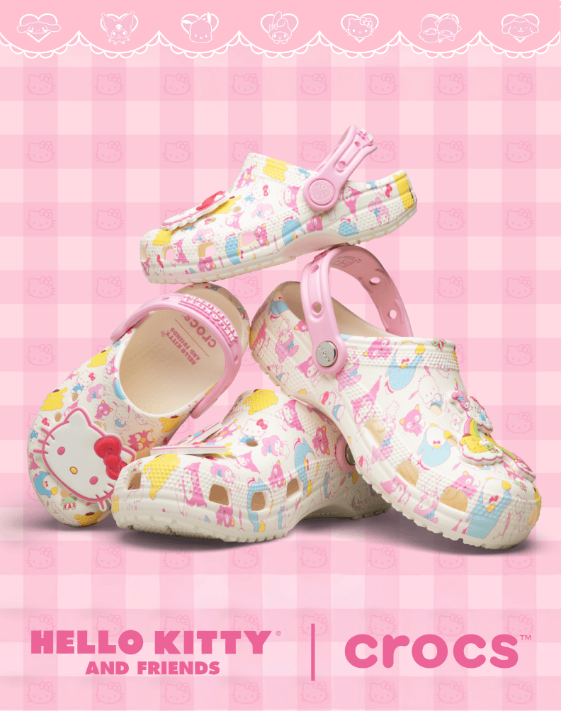 Hello Kitty and Friends Crocs in multiple pastel colors arranged side by side.