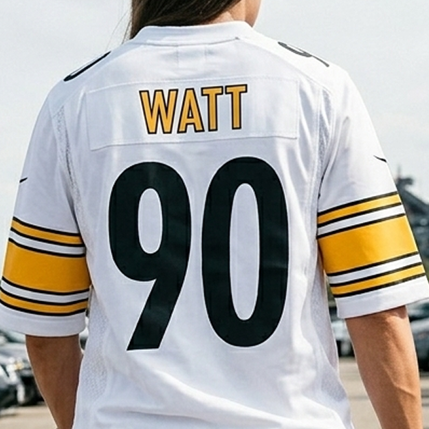Back view of a white Pittsburgh Steelers jersey featuring the name 'Watt' and number 90 with black and gold sleeve stripes.