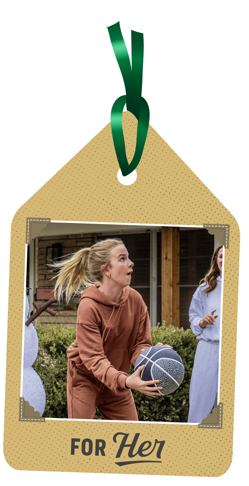 A woman in athletic wear holding a basketball, representing gifts for her.