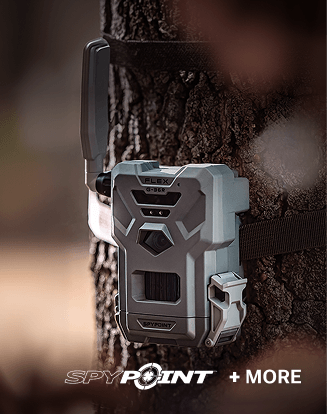 Spypoint trail camera mounted on tree with overlaid Spypoint and Moultrie logos.