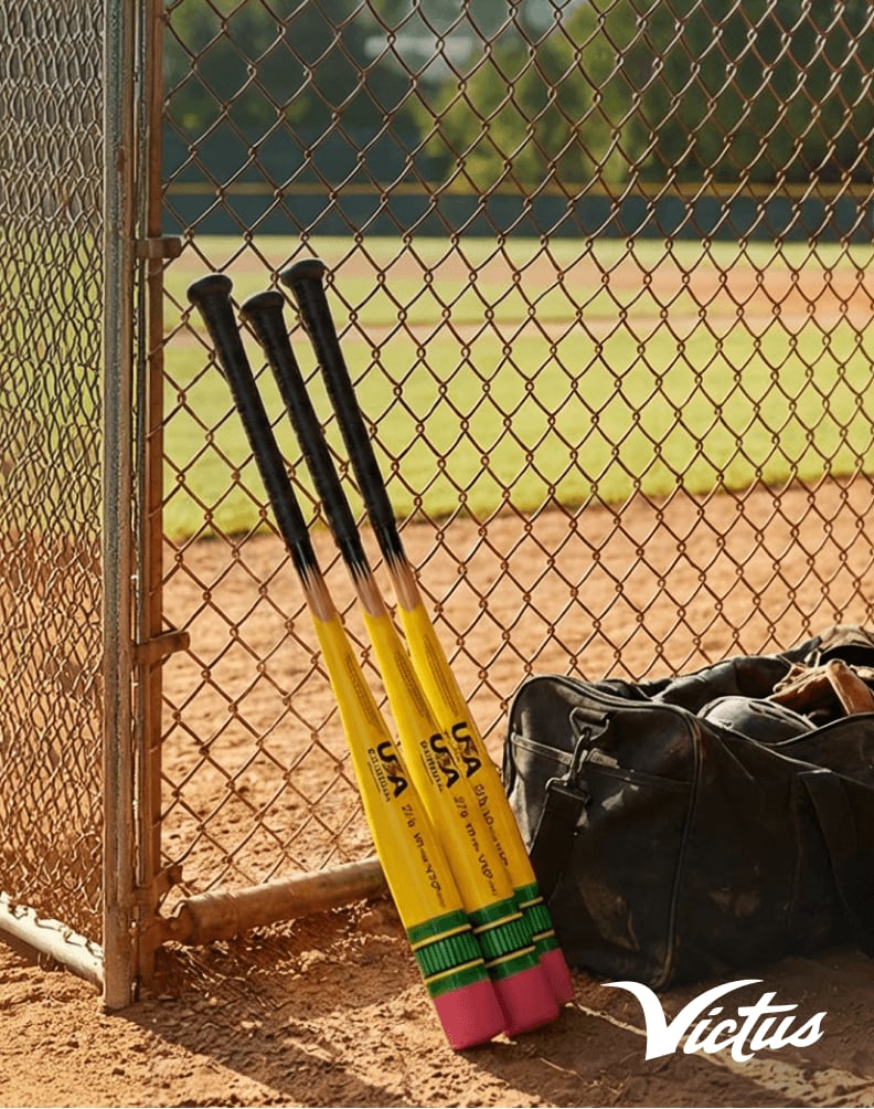 Three yellow and black Victus baseball bats leaning against a chain-link fence next to a black equipment bag on a baseball field.
