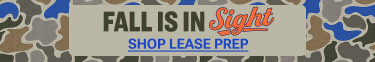 Promotional banner with text Fall Is In Sight overlaid on top of a tan and blue camo pattern.