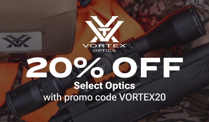 Riflescope and hunting gear displayed with Vortex Optics logo and text '20% off select optics with promo code VORTEX20'.