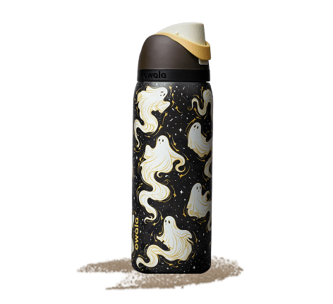 Black insulated water bottle with a gold-toned lid and abstract cream-colored ghost pattern on a light gray background.