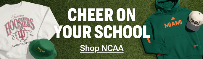 NCAA fan gear from top teams going into the championship on grass background with text “Cheer on your school – Shop NCAA.”