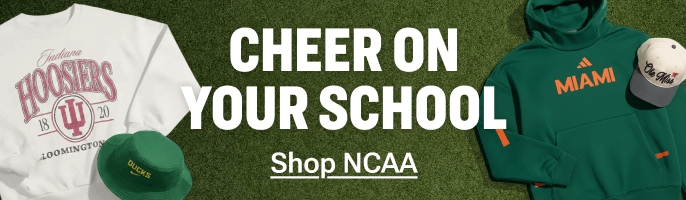 NCAA fan gear from top teams going into the championship on grass background with text “Cheer on your school – Shop NCAA.”