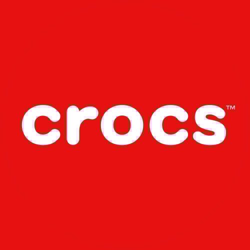 White Crocs logo on a solid red background.