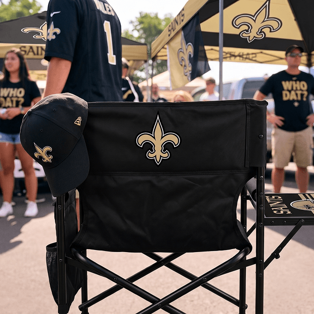 Black New Orleans Saints folding camp chair displayed at a tailgating event with fans and tents in the background.