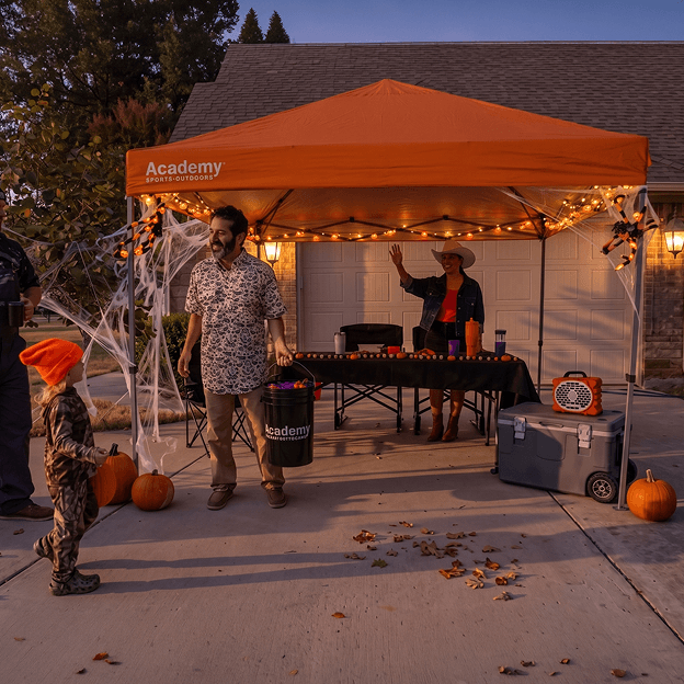 Promotional image showing a Halloween-themed tailgate setup in a driveway with an orange Academy-branded canopy, string lights, pumpkins, coolers, and outdoor gear.
