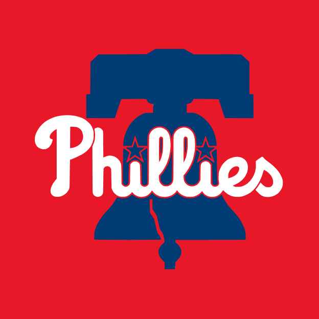 Philadelphia Phillies wordmark in white over a blue Liberty Bell on a red background.