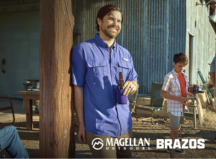 Person walking outdoors wearing casual athletic clothing from R.O.W. with overlaid brand logos for R.O.W., Magellan Outdoors, and Brazos.