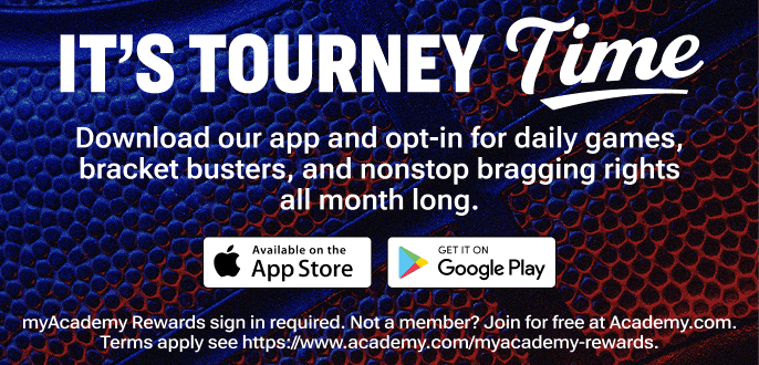 Banner reading “It’s Tourney Time” over a close-up basketball texture, promoting the mobile app with text encouraging users to opt in for daily games, bracket busters, and bragging rights, with Apple App Store and Google Play download badges shown to download the app.