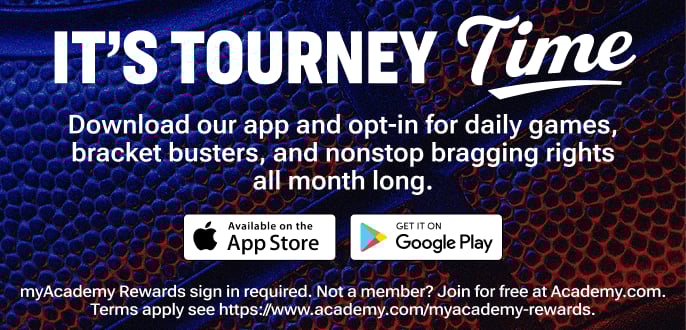 Banner reading Its Tourney Time over a close-up basketball texture, promoting the mobile app with text encouraging users to opt in for daily games, bracket busters, and bragging rights, with Apple App Store and Google Play download badges shown to download the app.