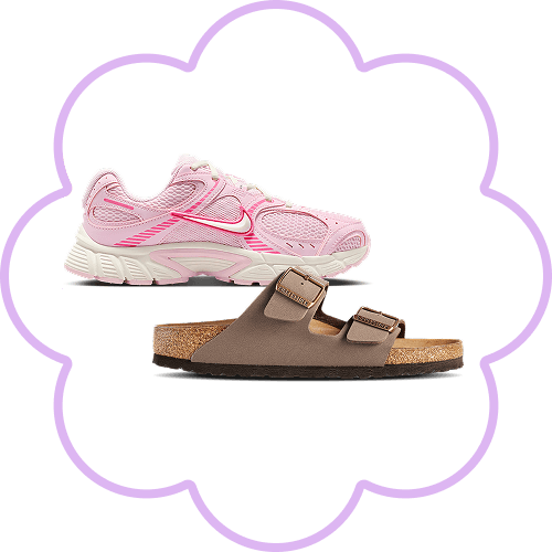Women's footwear including pink athletic sneakers and brown slip-on sandals displayed side by side on a white background with a purple flower outline.