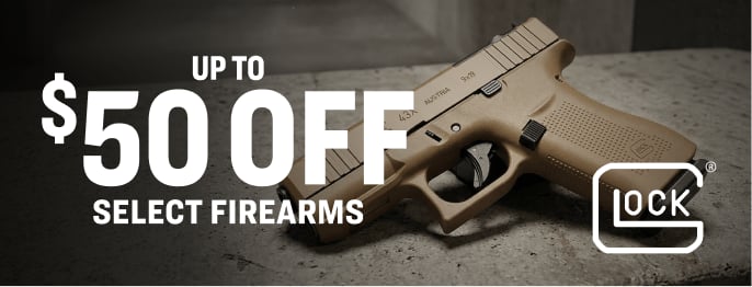 Promotional banner showing a tan Glock handgun on a textured surface with text reading 'Up to $50 off select firearms'.