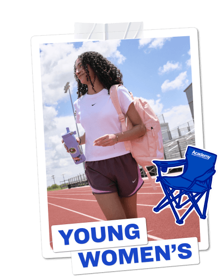 Young women’s back-to-school category banner featuring young women walking on an outdoor track and sitting in an outdoor school cafeteria.
